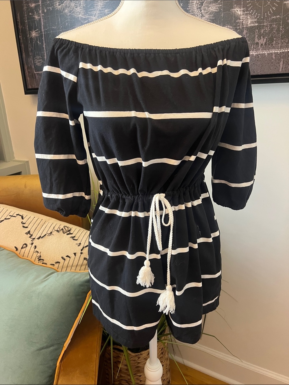 Black and white stripped off the shoulder women’s shorts romper tie waist